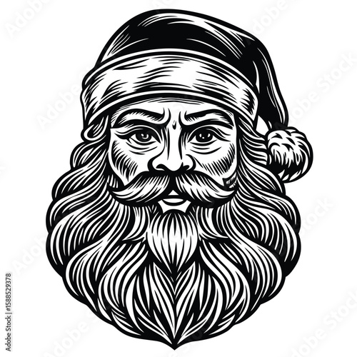 Santa Claus portrait black and white illustration Christmas