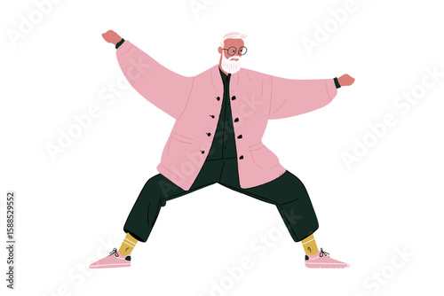 Active senior man practicing wellness exercises in a colorful outfit  