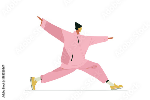 Active senior exercising in pink outfit with outstretched arms  