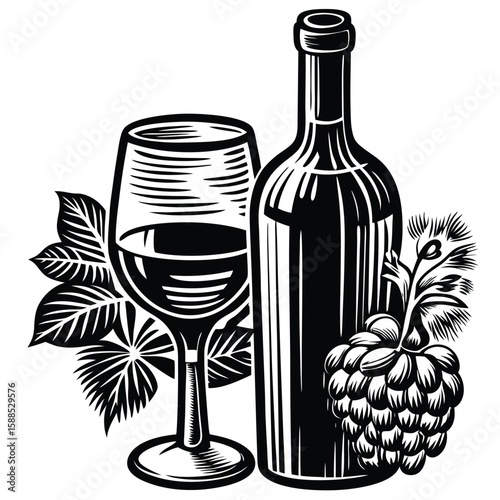 Wine bottle glass grapes leaves red wine