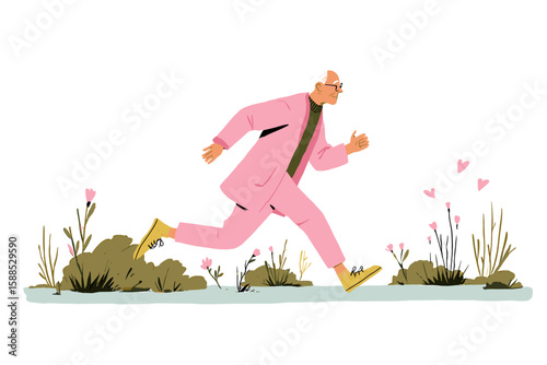 Active senior man running joyfully in garden during wellness retreat  