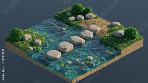 Charming isometric 3D river landscape with stepping stones, green banks, and wildflowers. Ideal for web design, digital art, apps, or environmental br