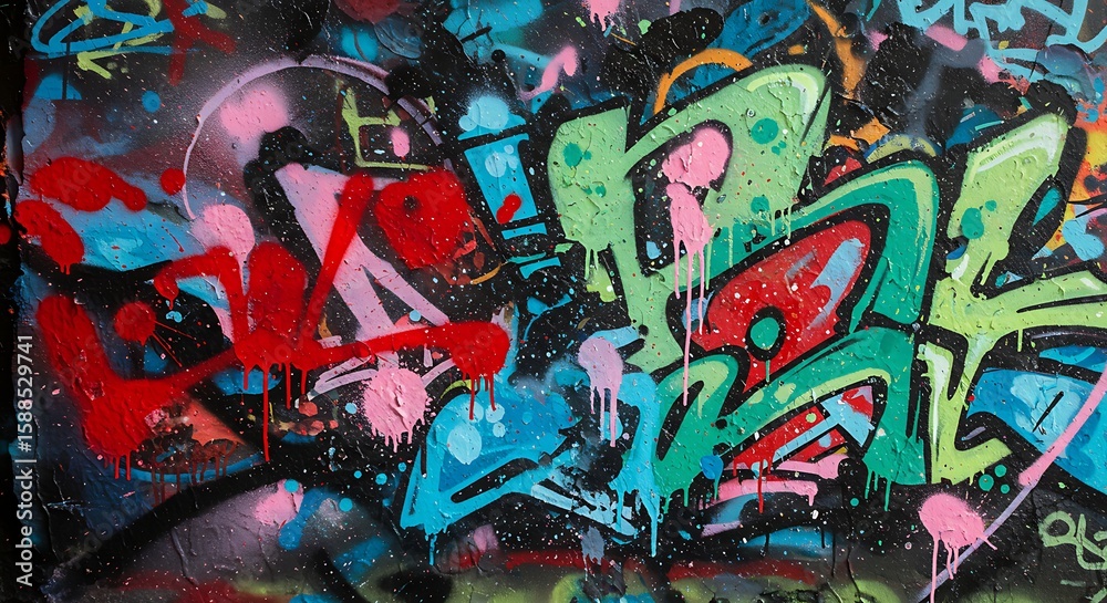 Fototapeta premium Colorful urban street art with vibrant spray paint designs on a textured concrete wall, showcasing youth culture and artistic graffiti