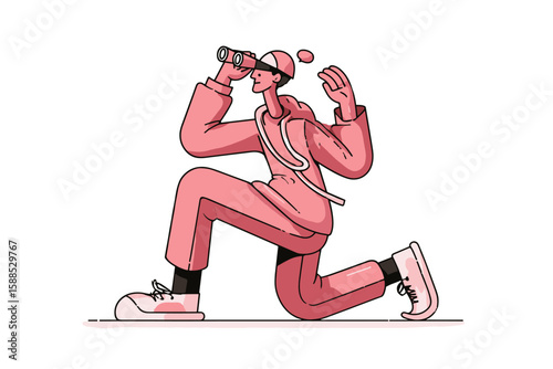Young person jogging while holding binoculars in a vibrant illustration  