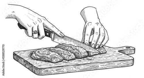 Vintage Ink Sketch Female Hands Slicing Meat on Wooden Cutting Board – Keto and Carnivore Diet Concept – Hand Drawn black and white illustration, Engraving Retro Style vector SVG
