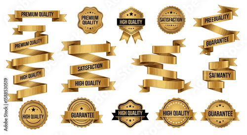 A collection of golden ribbons, badges, and seals showcasing quality and guarantee concepts.