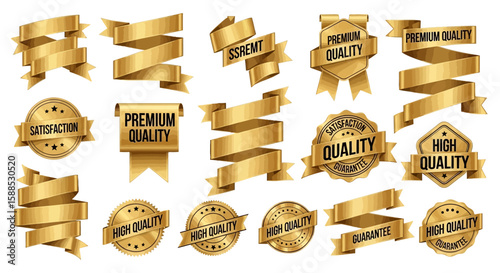 Collection of various golden ribbons, badges, and seals, showcasing quality and satisfaction.