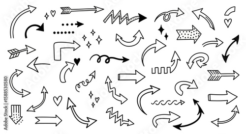 A collection of various hand-drawn arrows, in different styles, pointing in diverse directions.