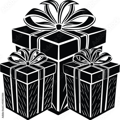 Black and white gift boxes with bows presents ribbon