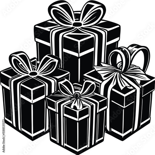 Black and white gift boxes with bows presents ribbons