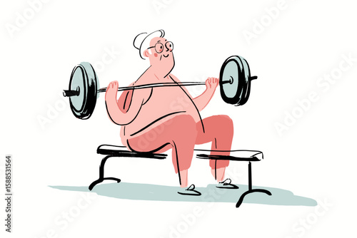 Active senior man lifting weights on bench in flat vector style  