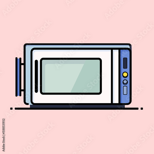 Modern flat-style white microwave with blue accents, clear front window, blue control panel, yellow circular button, minimalist design on light pink background.
