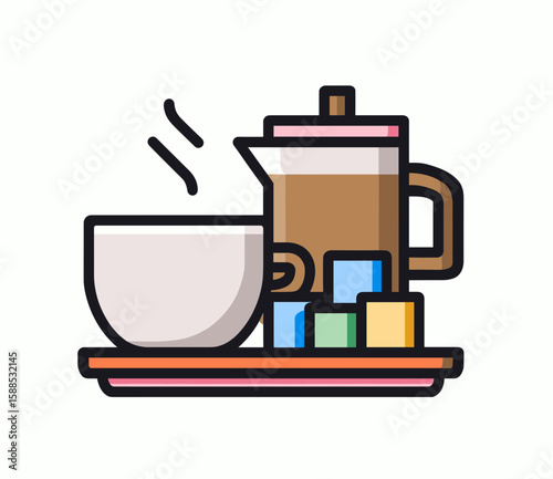 Vibrant line-drawn illustration of a steaming white cup, brown coffee pot with pink lid, orange tray, and colorful sugar cubes on white background.