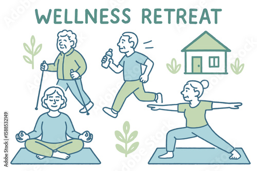 Active seniors engaging in wellness activities at retreat illustration  