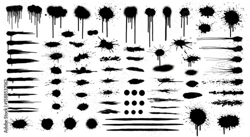 A collection of black ink splatters, drips, lines, and blots arranged against a white background.