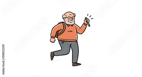 Active senior man walking with a stick in a flat vector style illustration  