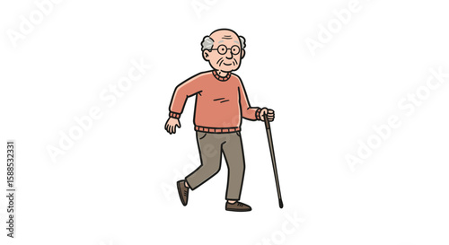Elderly man walking with cane in casual clothing on white background  
