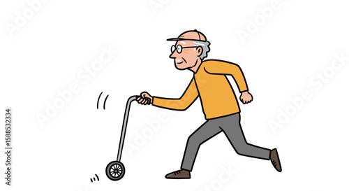Active senior man walking with a cane in a flat vector style illustration  