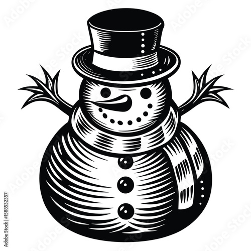 Black and white snowman with top hat and scarf winter