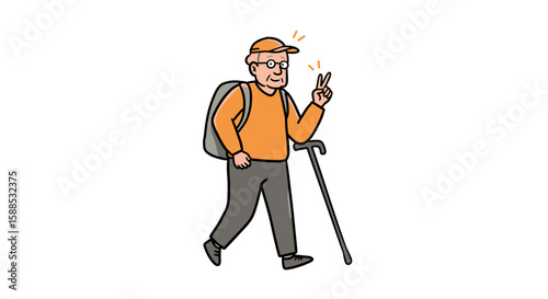 Active senior man walking with cane and backpack in flat vector style  