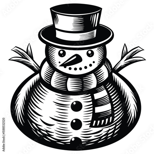 Black and white snowman with top hat and scarf winter