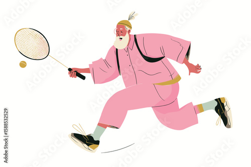 Active senior man playing tennis while running in casual outfit  