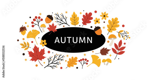 Autumn themed illustration featuring colorful leaves, berries, acorns, and mushrooms arranged around a central black oval containing the word "AUTUMN".