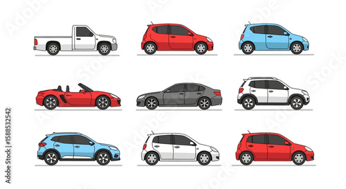 Collection of nine different car models in various colors (white, red, blue, gray) displayed in a grid on a white background.