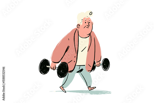 Active senior man exercising with dumbbells in casual clothing  