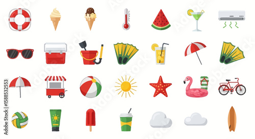 Collection of colorful flat icons representing summer vacation activities and objects.