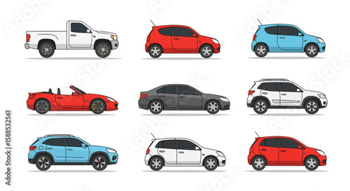 A collection of various colorful, modern, and stylized car illustrations, showcasing different vehicle types.