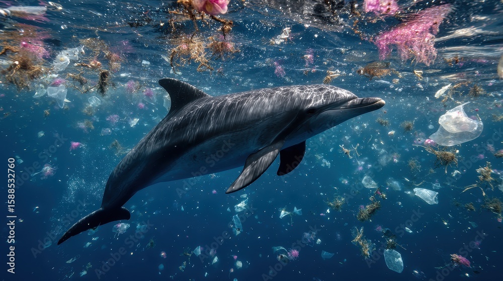 Fototapeta premium Dolphin swims in polluted ocean plastic debris marine life endangered