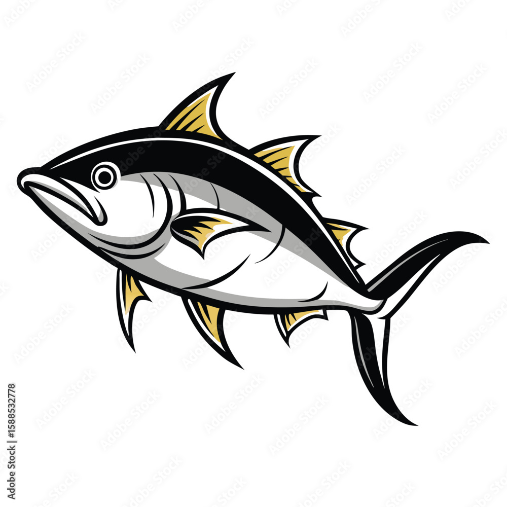 Obraz premium Tuna fish in vintage style line art vector, isolated white background