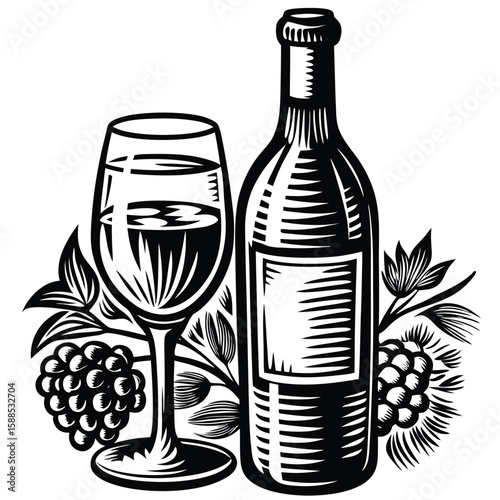 Black and white wine bottle glass and grapes wine glass