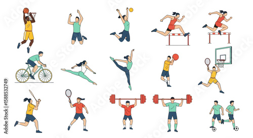 Collection of diverse sports activities depicted in line art: basketball, volleyball, hurdles, cycling, gymnastics, weightlifting, tennis, badminton, soccer.