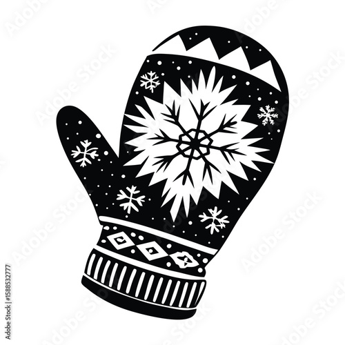 Black and white winter mitten with snowflake vector