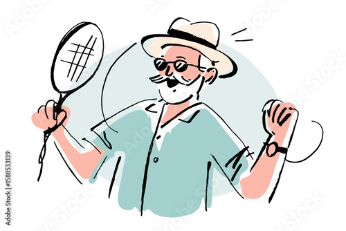 Active senior man celebrating after winning tennis match in a hat  