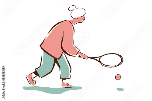 Elderly woman playing tennis while focused on the ball in sports attire  