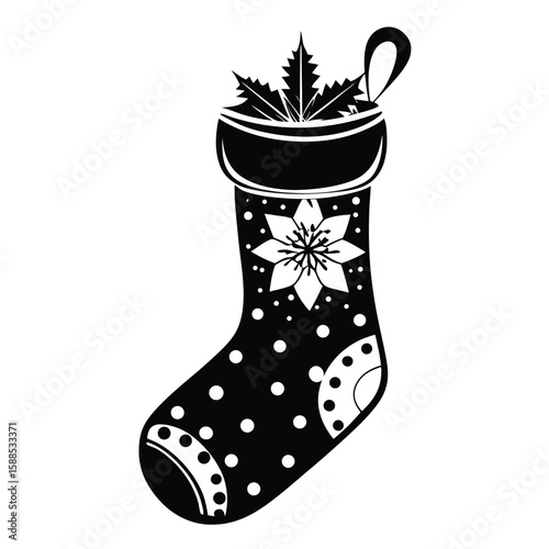 Black christmas stocking with poinsettia and holly