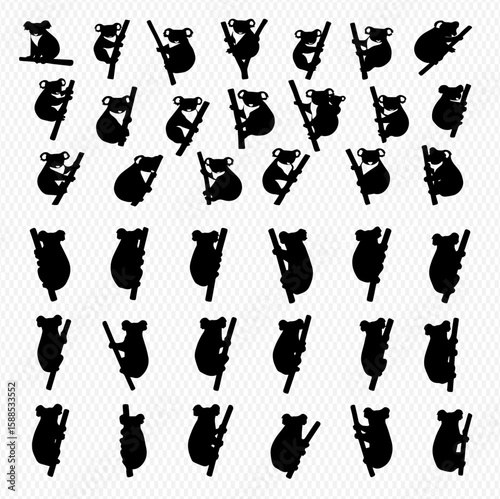 Photography A collection of black silhouette illustrations depicting koalas in various poses, some climbing bamboo stalks, others sitting, against a white background
