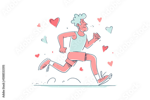 Active senior man running joyfully surrounded by hearts in flat vector style  