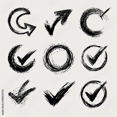 Grunge-style brushstroke icons of checkmarks and circles arranged in a 3x3 grid on a light background, featuring expressive, hand-drawn textures. ai generative