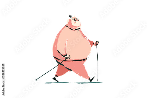 Active senior man walking with a cane in hand-drawn vector style  