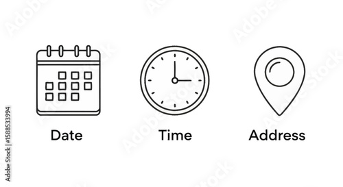 Illustration depicting a calendar, clock, and location pin, representing date, time, and address information.