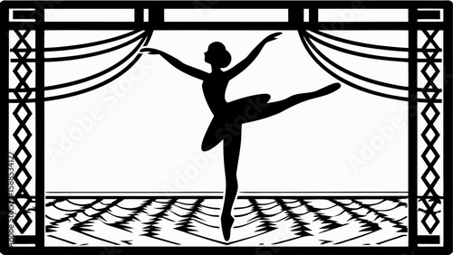 Silhouette of a ballerina performing on stage with curtains and decorative frame in black and white style