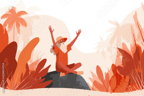 Active senior man joyfully sitting on a rock in tropical foliage  