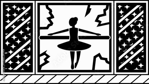Silhouette of a ballerina performing in front of a cracked mirror flanked by patterned panels