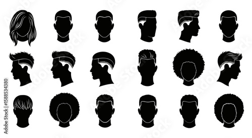 A collection of twenty-one diverse male and female hairstyles shown in black silhouette, various angles and textures.