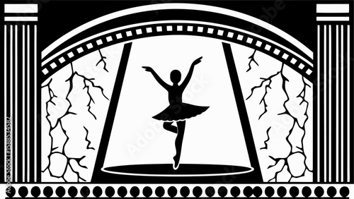 Silhouette of a ballerina on stage with columns and archway in a black and white vector illustration