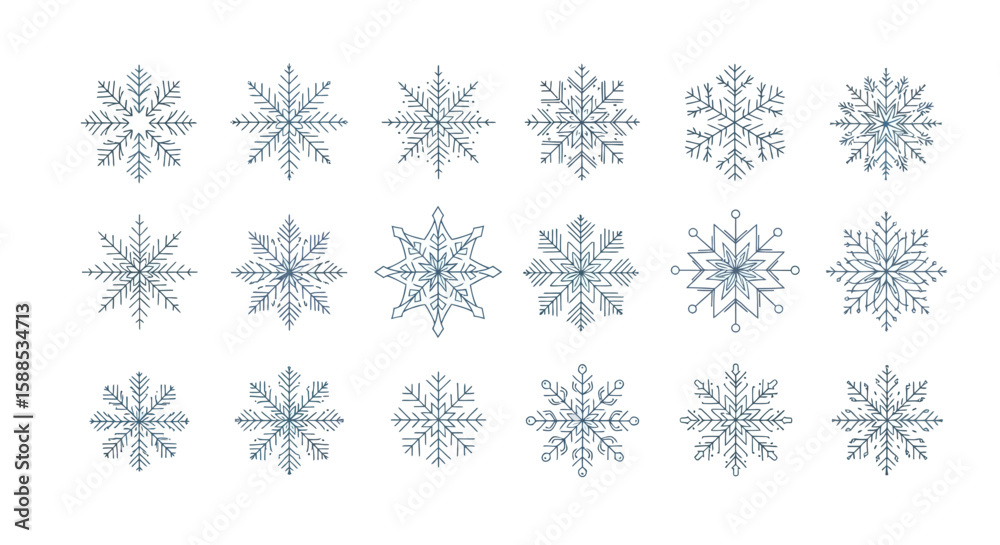 Collection of twenty delicate snowflake designs, each with unique and intricate geometric patterns, displayed against a clean white background.